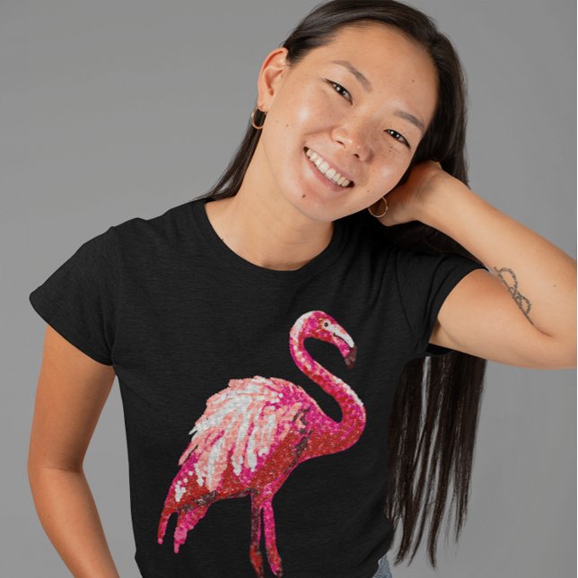 Sequin Tryckt Tropical Flamingo Rosa Bird Black T Shirt (Skapare uppladdad)