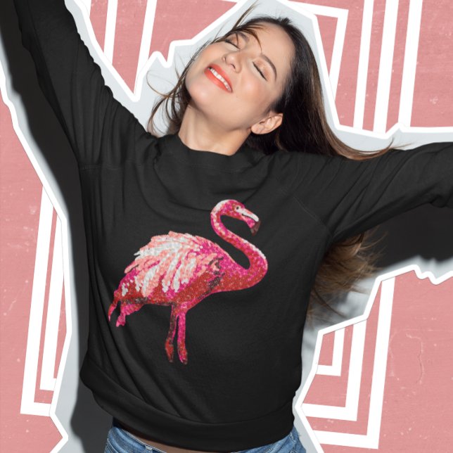 Sequin Tryckt Tropical Flamingo Rosa Bird Black T Shirt (Skapare uppladdad)