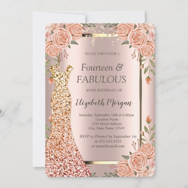 Sequins Dress Boho Flowers 40:e födelsedagen Inbjudningar (Framsida)
