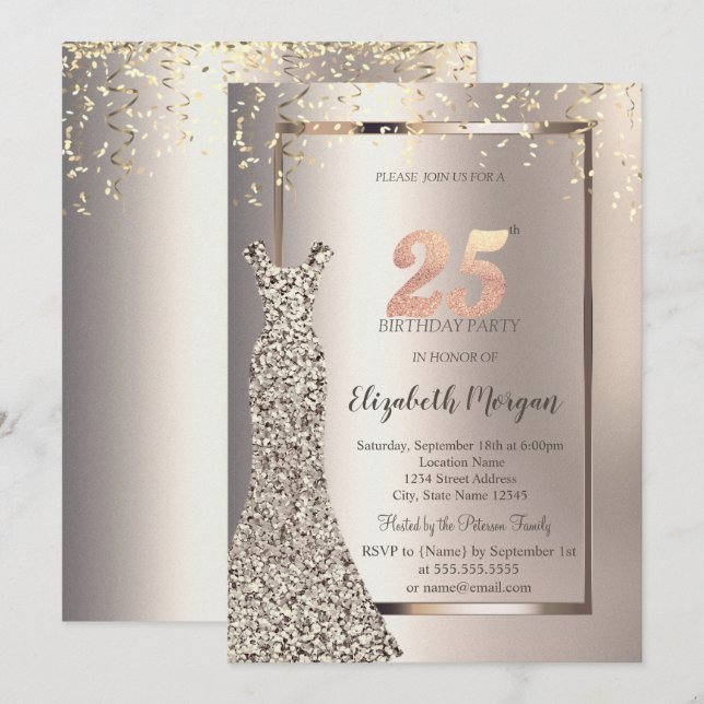 Sequins Klänning Konfetti Elfenben 25-årsdag Inbjudningar (Fram/baksida)