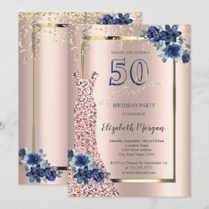 Sequins klänning rose gold, Blå blommor 50th Inbjudningar