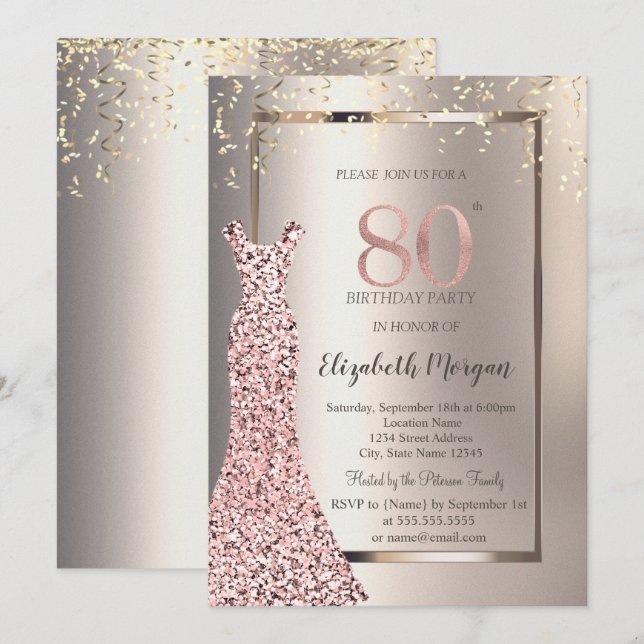 Sequins Rosa Guld Klänning Elfenben 80-årsdag Inbjudningar (Fram/baksida)