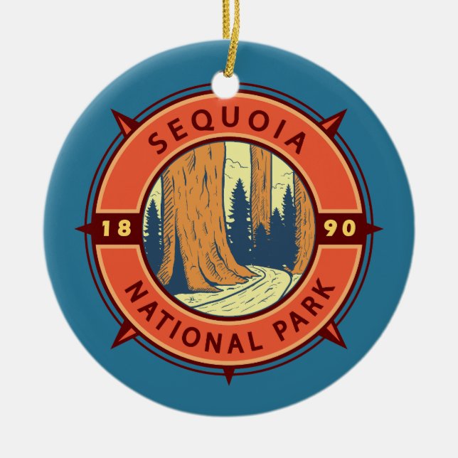 Sequoia National Park Illustration Retro Compass Julgransprydnad Keramik (Framsidan)