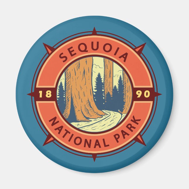 Sequoia National Park Illustration Retro Compass Magnet (Framsidan)