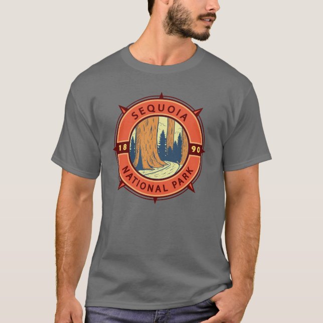Sequoia National Park Illustration Retro Compass T Shirt (Framsida)