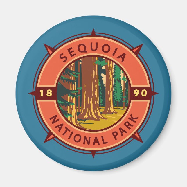 Sequoia National Park Retro Compass Emblem Magnet (Framsidan)