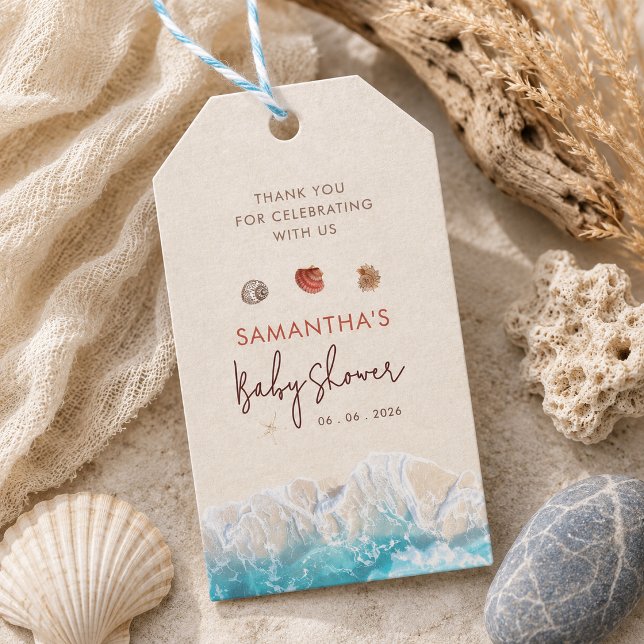 Ser dig snart snigelskal sand strandlinje presentetikett (Skapare uppladdad)