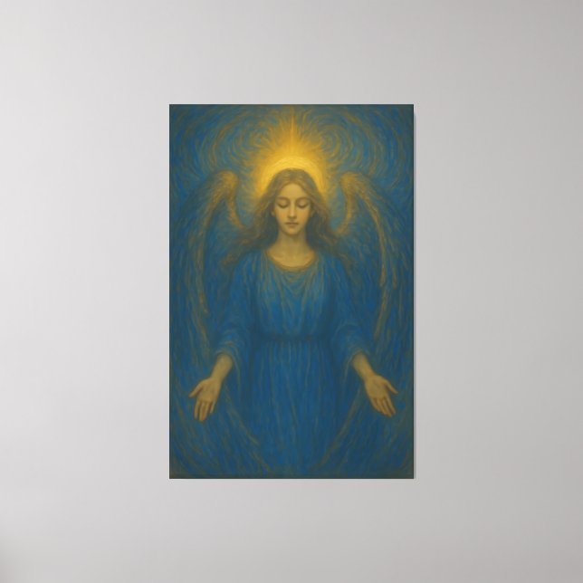 Seraphic Blue Angel – Golden Halo Guardian Canvastryck (Framsida)