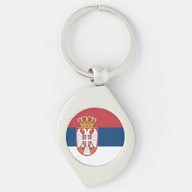 Serbia Flag Swirl Silverfärgad Nyckelring (Framsidan)
