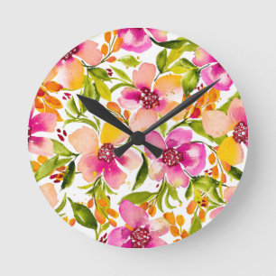 Serena Rosa and Gult Watercolor Blommigt Rund Klocka
