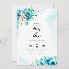 Serenat i Blue: Watercolor Blommigt Bröllop Inbjudningar