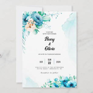 Serenat i Blue: Watercolor Blommigt Bröllop Inbjudningar