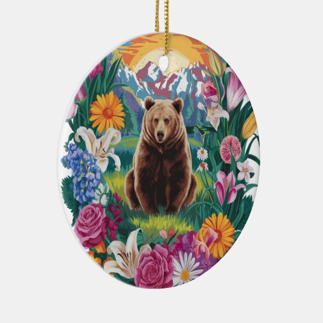 Serenbjörn omgiven av blommor art julgransprydnad keramik (Höger)
