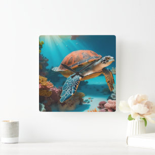 Serene 3D Sea Turtle i Ocean Tranquil Marine Life Fyrkantig Klocka