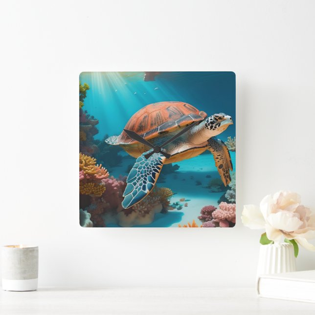 Serene 3D Sea Turtle i Ocean Tranquil Marine Life Fyrkantig Klocka (Hem)