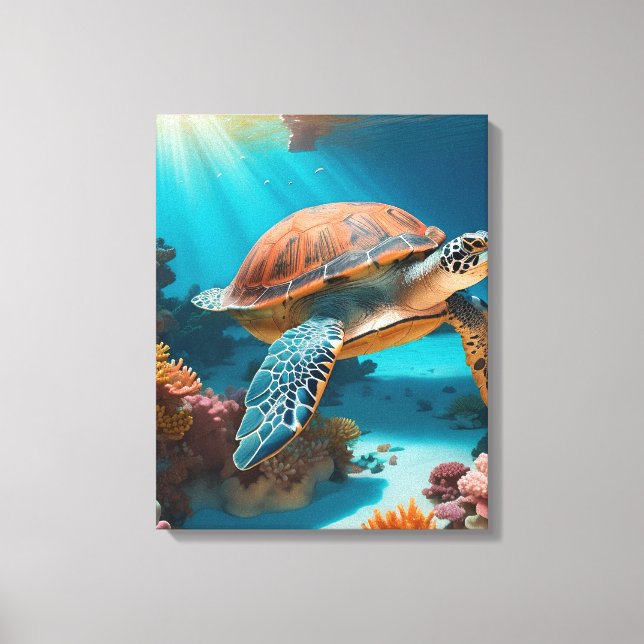 Serene 3D Sea Turtle in Ocean - Tranquil Marine Li Canvastryck (Framsida)