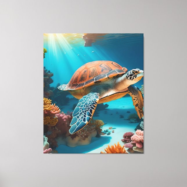 Serene 3D Sea Turtle in Ocean - Tranquil Marine Li Canvastryck (Framsida)
