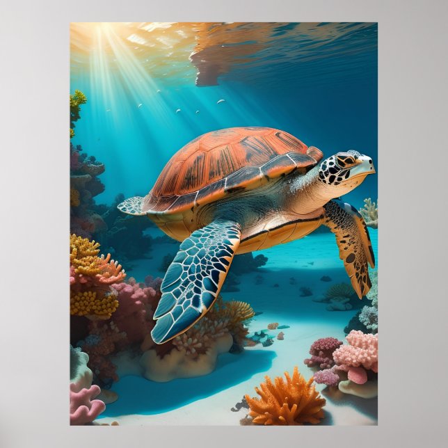 Serene 3D Sea Turtle in Ocean - Tranquil Marine Li Poster (Framsidan)