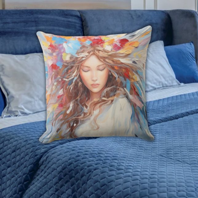 Serene Abstrakt Angel Pillow - Vibrant Artistisk Kudde (Serene Bright Colorful Angel Abstract Pillows on a Blue Bed Free Spirit Vibe for Any Age)