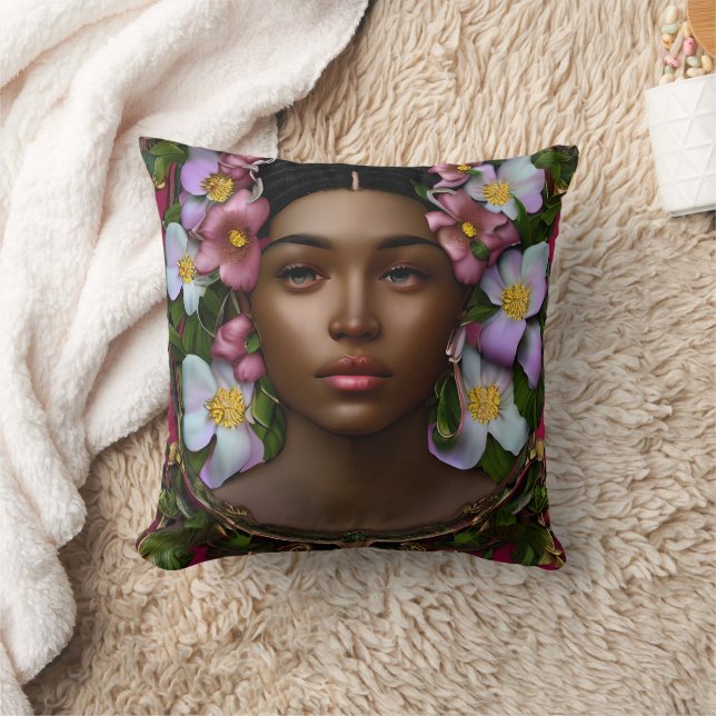 Serene African-American Woman med blommor Kudde (Filt)