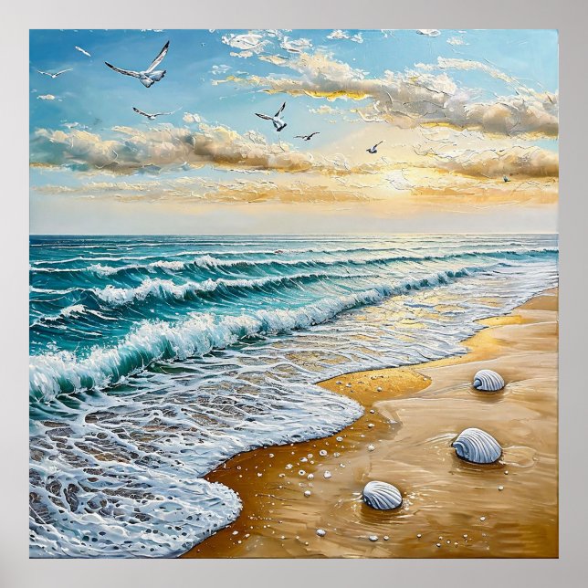 Serene Beachscape med Vågar, Seashells Poster (Framsidan)