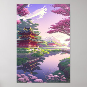 Serene Beauty, japansk Temple vid Lugnen River Poster