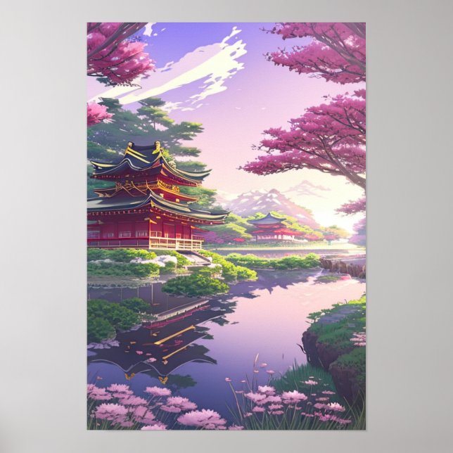 Serene Beauty, japansk Temple vid Lugnen River Poster (Framsidan)