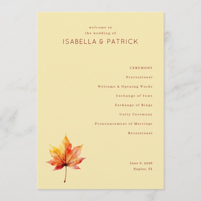 Serene Beige Autumn Leaf Wedding Ceremony Program (Framsida)