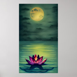Serene Bevackra Lotus Flower och en hel måne Poster