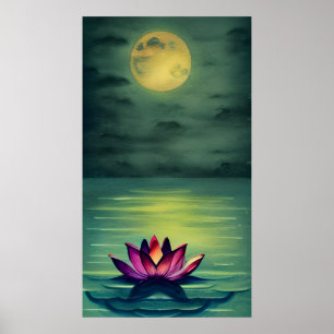 Serene Bevackra Lotus Flower och en hel måne Poster