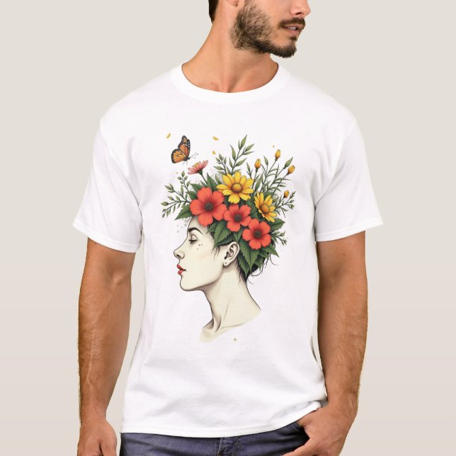 Serene Bloom - Floral Head Woman with Butterfly T Shirt (Framsida)