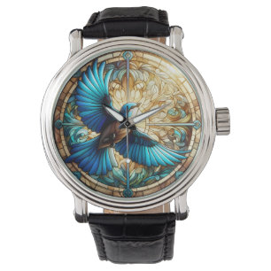 Serene Blue Bird Perched on Stached Glass Armbandsur