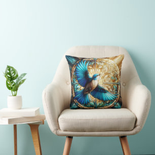 Serene Blue Bird Perched on Stached Glass Kudde