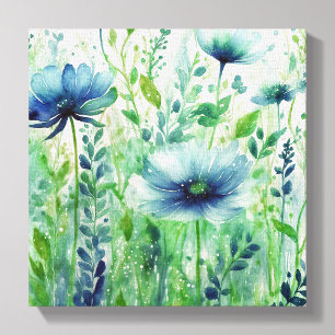 Serene Blue-Blommar - Vattenfärgsfärgad Blommigt Canvastryck