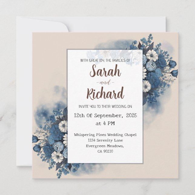 Serene Blue-Blommigt med Elegant Beige Background Inbjudningar (Framsida)