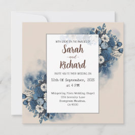 Serene Blue-Blommigt med Elegant Beige Background Inbjudningar