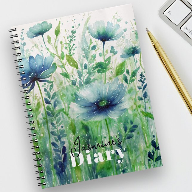Serene Blue Blommigt Watercolor Elegant Diary Anteckningsbok (Skapare uppladdad)