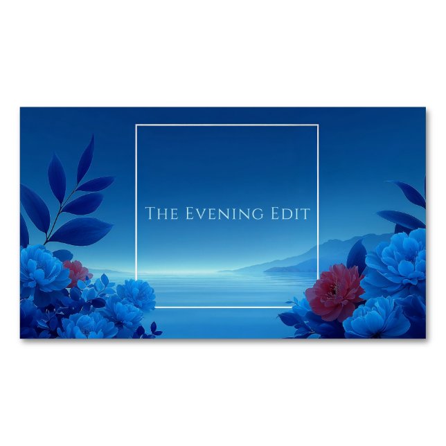 Serene Blue Floral Seascape Pink Accent Magnetiska Visitkort (Framsida)