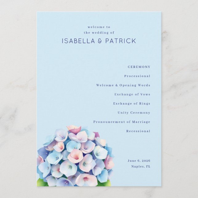 Serene Blue Floral Wedding Ceremony Program (Framsida)