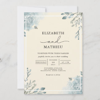 Serene Blue Leafy Flourish Bröllop Inbjudningar