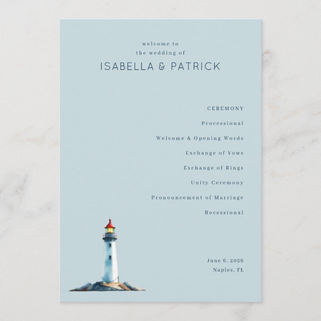 Serene Blue Lighthouse Wedding Ceremony Program (Framsida)