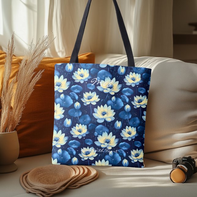 Serene Blue Lotus Blommigt Hälsa Tote Bag Tygkasse (Skapare uppladdad)
