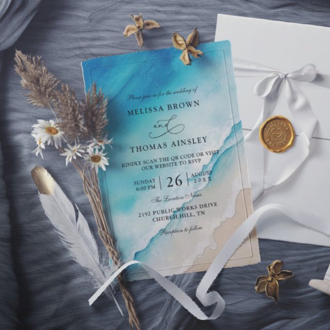 Serene Blue Ocean Beach Budget QR Code Wedding Inbjudningar (Skapare uppladdad)