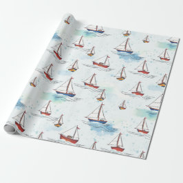 Serene Blue Red Sailing Boats on Sea Mönster Presentpapper