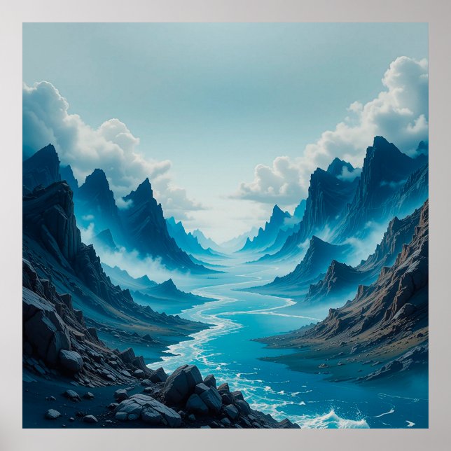 Serene Blue River Flowing Amidst Dramatic Mountain Poster (Framsidan)