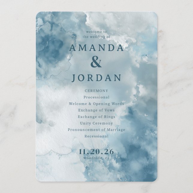 Serene Blue Watercolor Wedding Ceremony Program (Framsida)