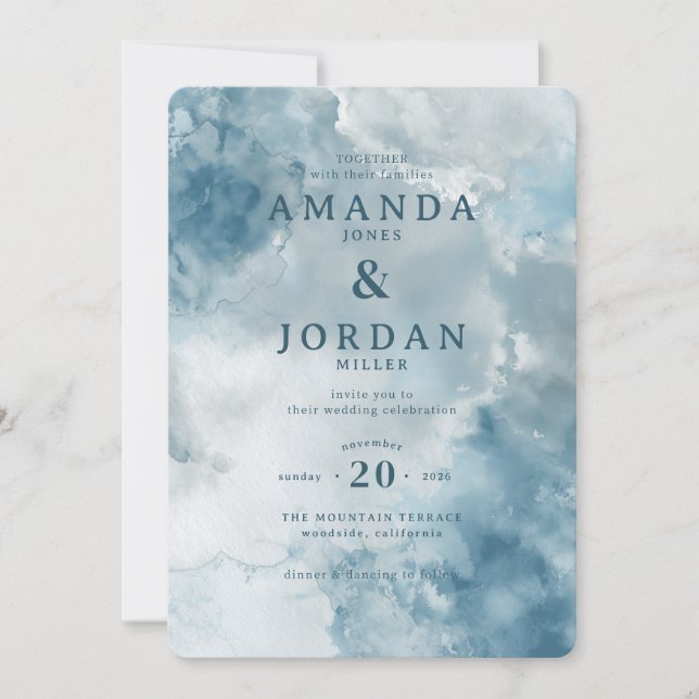 Serene Blue Watercolor Wedding Invitation Inbjudningar (Framsida)