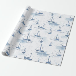 Serene Blue White Sailing Boats on Sea Mönster Presentpapper