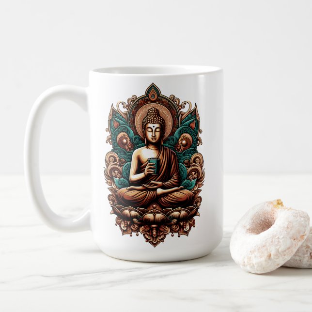 Serene Buddha, kaffe- och zenskulpturstat Kaffemugg (Med munk)