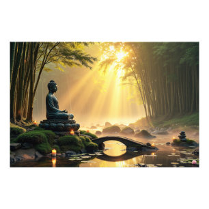 Serene Buddha-statyn i en fredlig bamboskog Fototryck